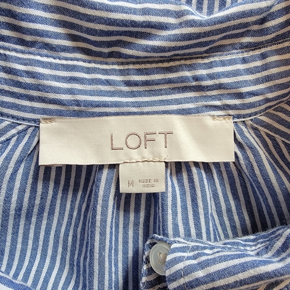 LOFT Blue White Striped 100% Cotton Button Down Shirt Embroidered Birds Size M - Picture 6 of 10